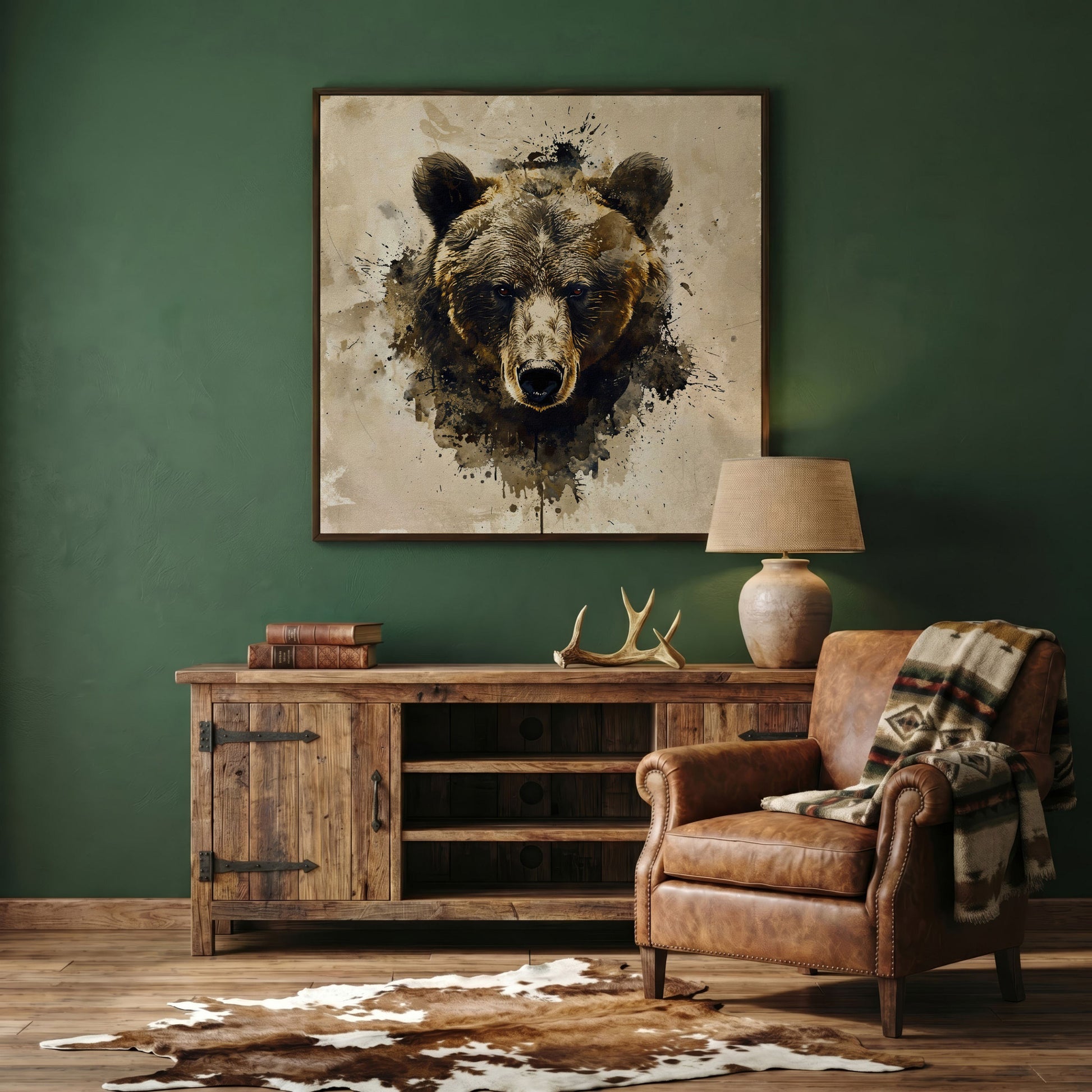 Grizzly Bear Portrait Canvas, Sepia Tones in dark walnut floating frame