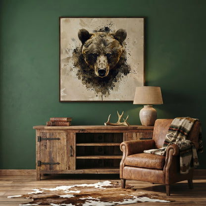 Grizzly Bear Portrait Canvas, Sepia Tones in dark walnut floating frame