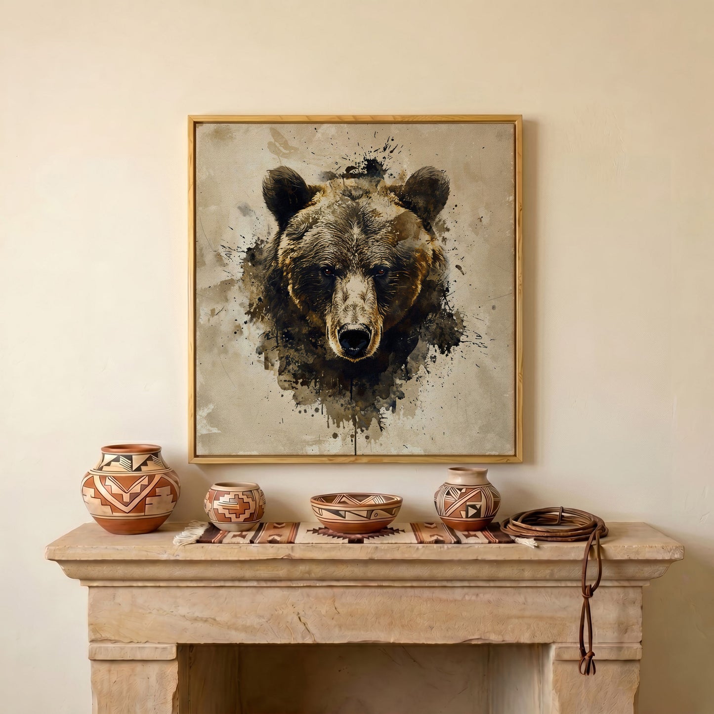 Grizzly Bear Portrait Canvas, Sepia Tones in white oak floating frame
