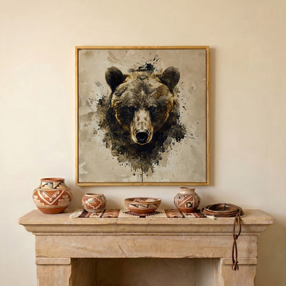 Grizzly Bear Portrait Canvas, Sepia Tones in white oak floating frame