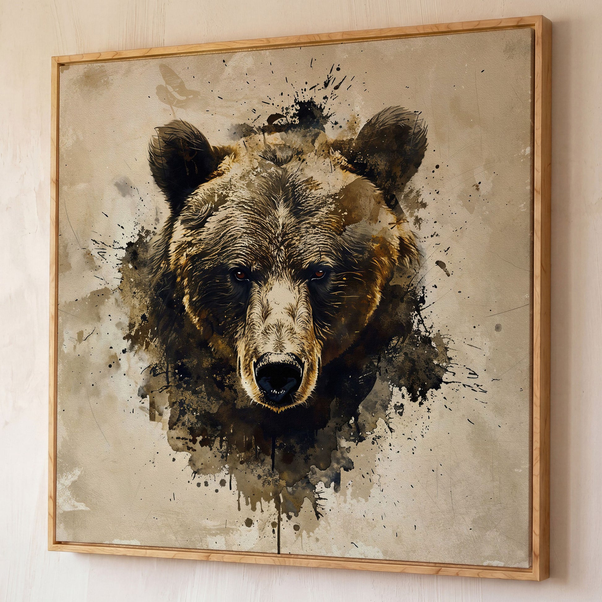 Grizzly Bear Portrait Canvas, Sepia Tones shown in white oak floating frame