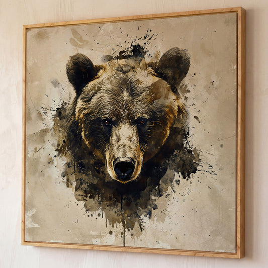 Grizzly Bear Portrait Canvas, Sepia Tones shown in white oak floating frame