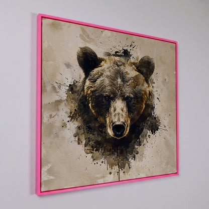 Grizzly Bear Portrait Canvas, Sepia Tones in pink floating frame