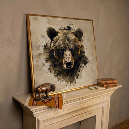 Grizzly Bear Portrait Canvas, Sepia Tones in rose gold floating frame