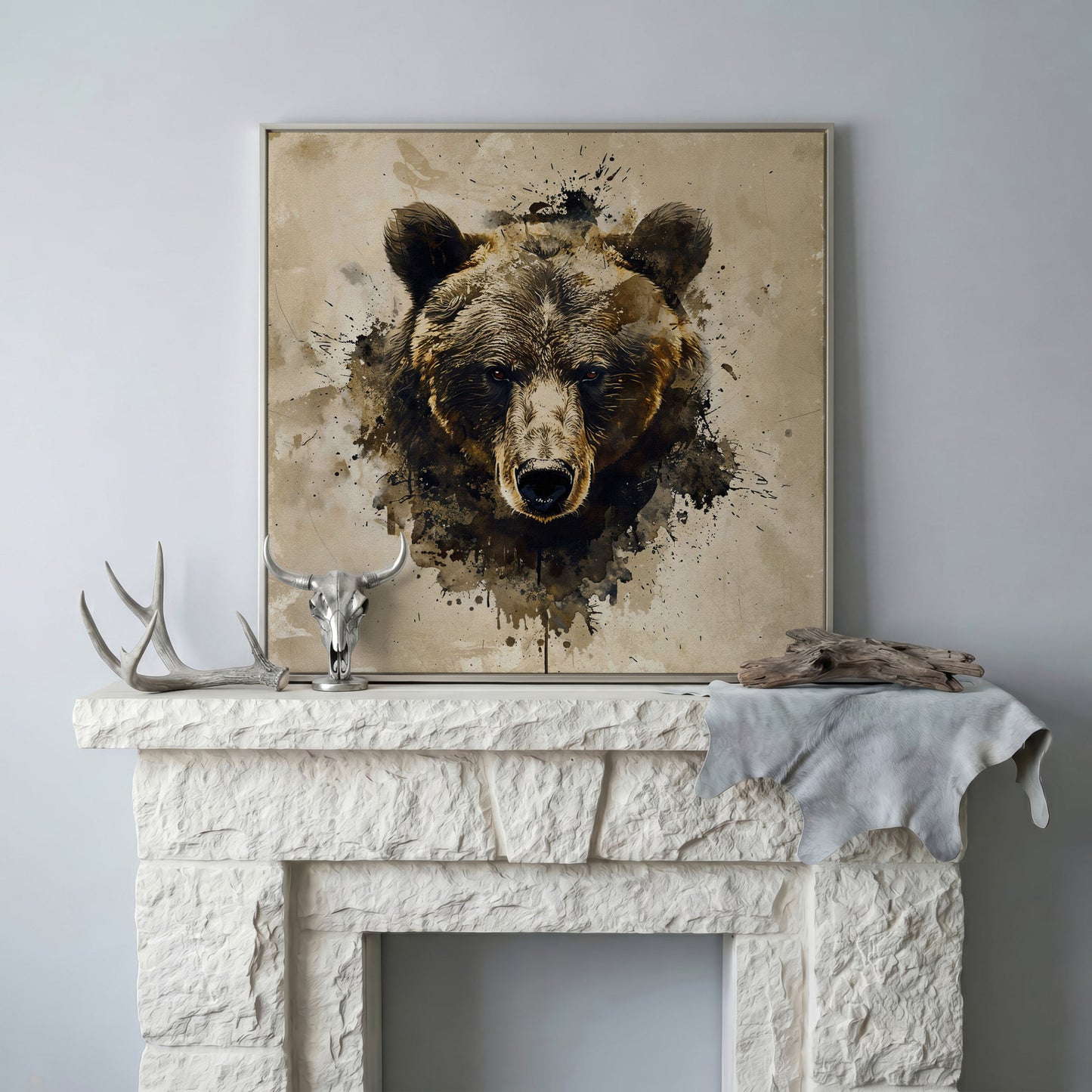 Grizzly Bear Portrait Canvas, Sepia Tones in silver floating frame