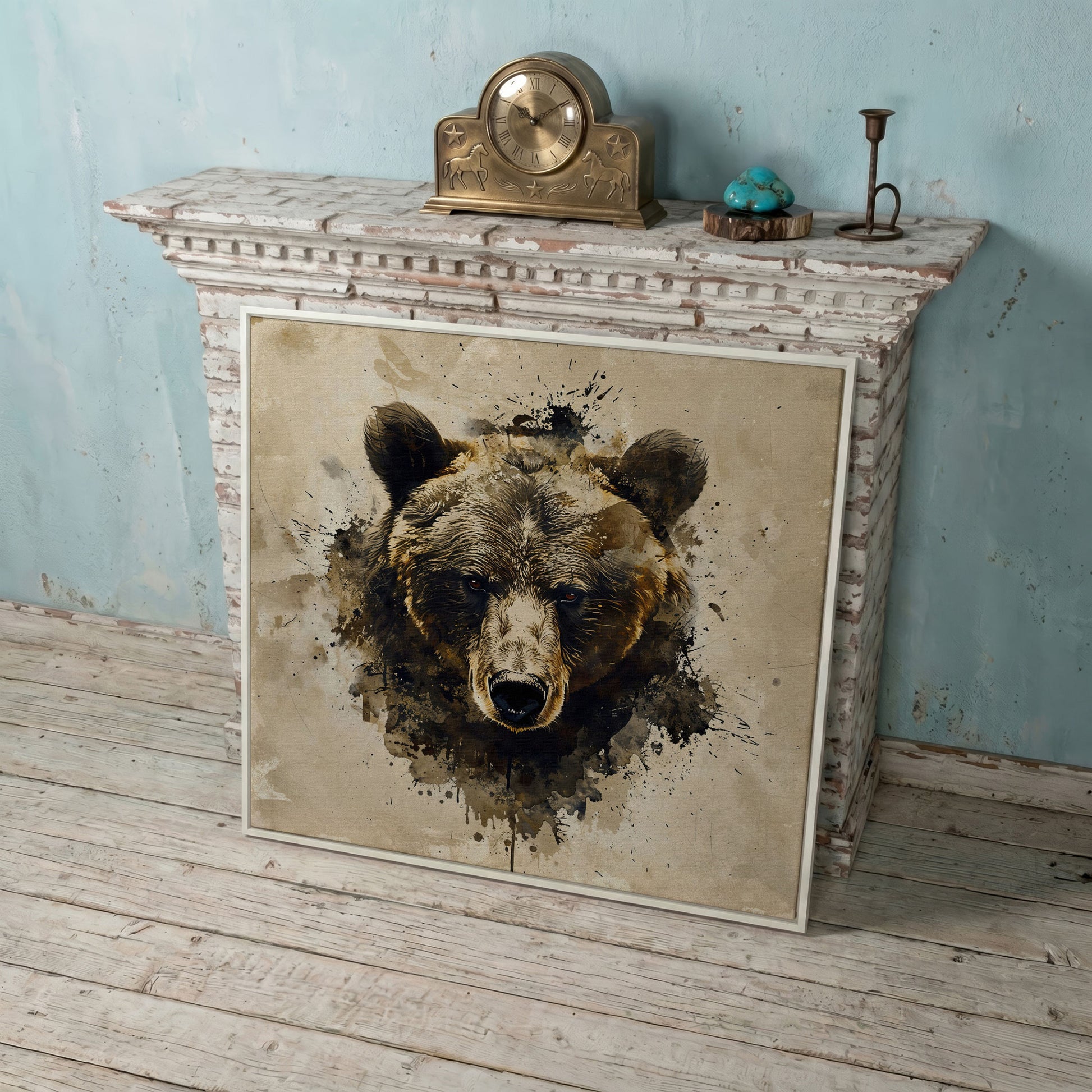 Grizzly Bear Portrait Canvas, Sepia Tones in white floating frame