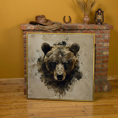 Grizzly Bear Portrait Canvas, Sepia Tones in yellow gold floating frame
