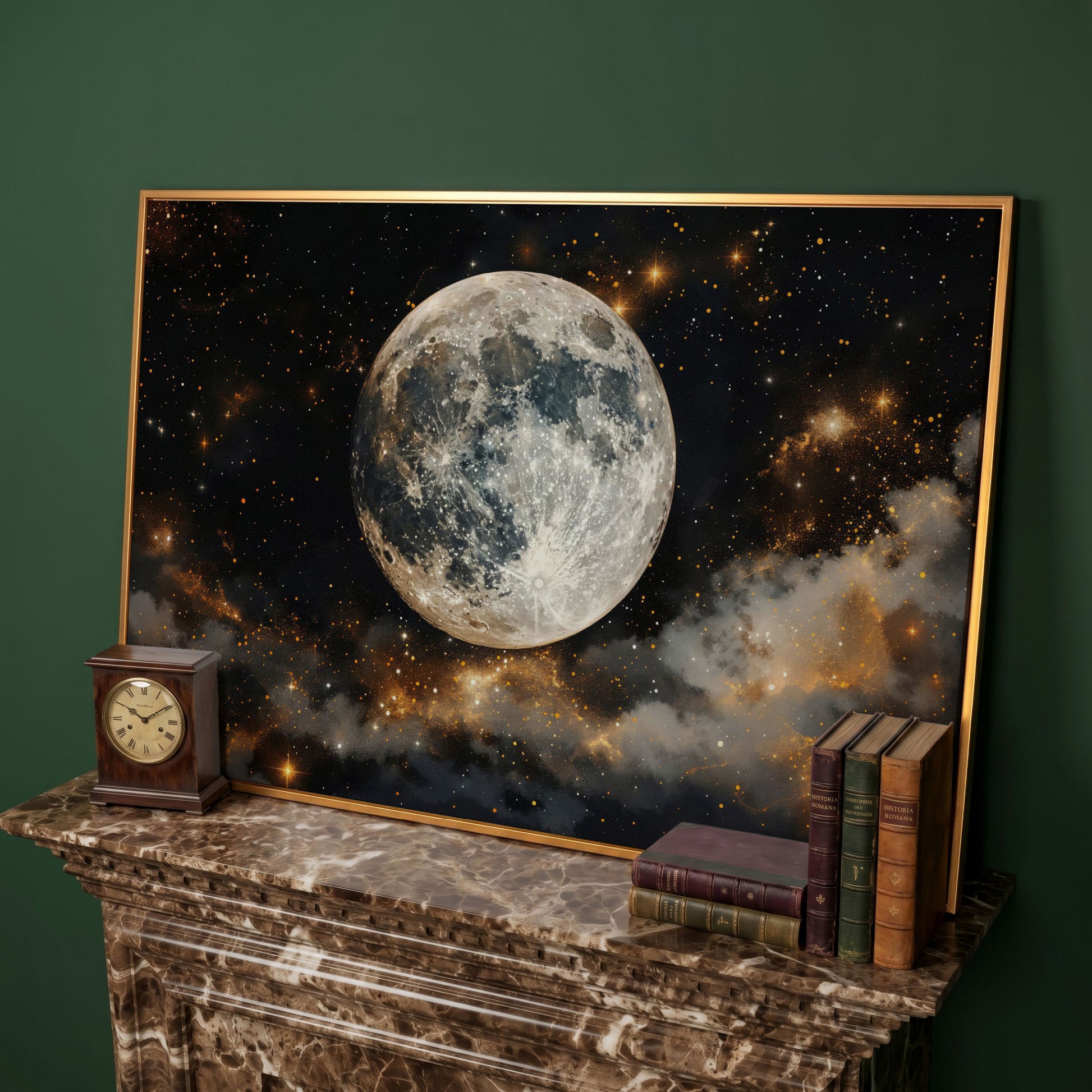 Moonlit Nights and Starry Skies Canvas Print in antique gold floating frame