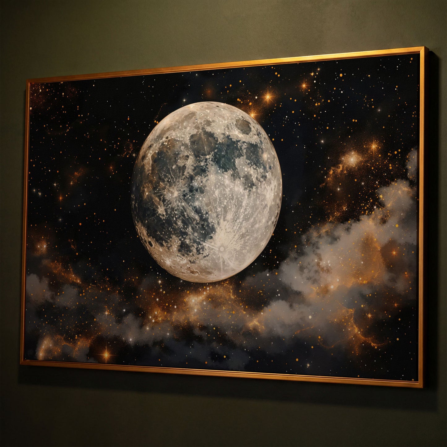 Moonlit Nights and Starry Skies Canvas Print shown in antique gold floating frame