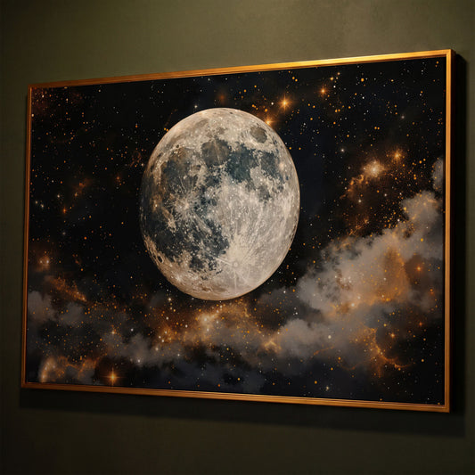 Moonlit Nights and Starry Skies Canvas Print shown in antique gold floating frame