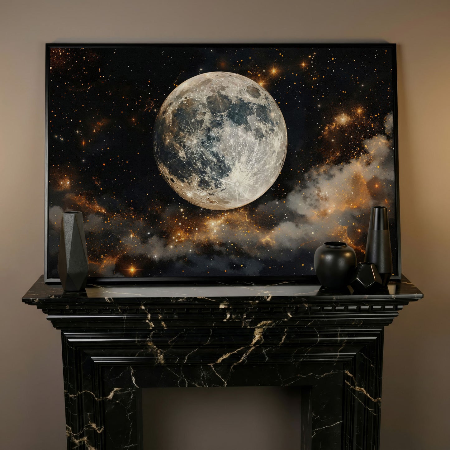 Moonlit Nights and Starry Skies Canvas Print in black floating frame