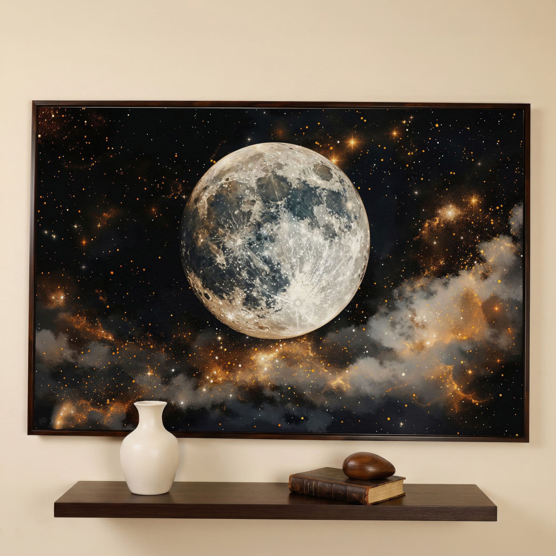 Moonlit Nights and Starry Skies Canvas Print in dark walnut floating frame
