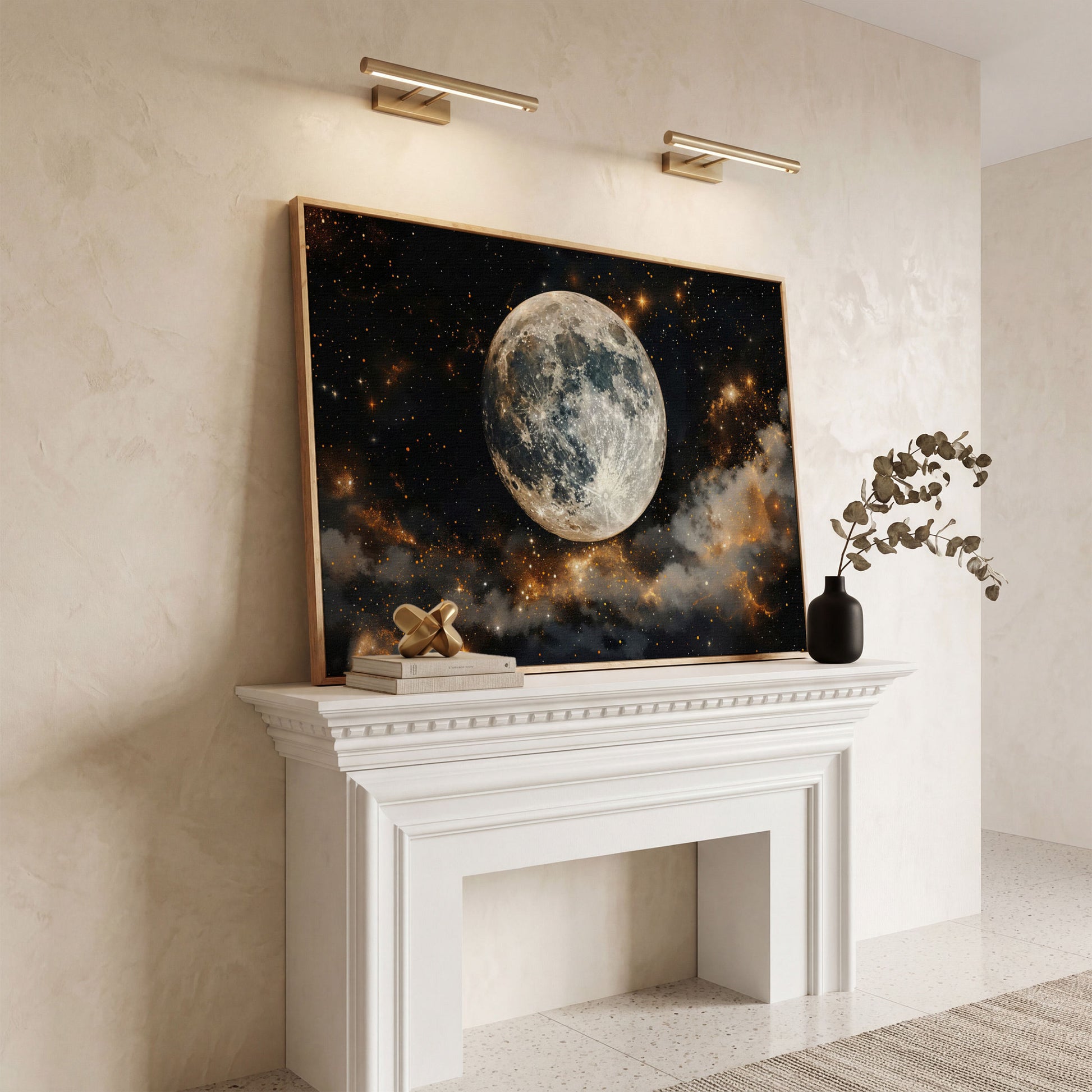 Moonlit Nights and Starry Skies Canvas Print in white oak floating frame