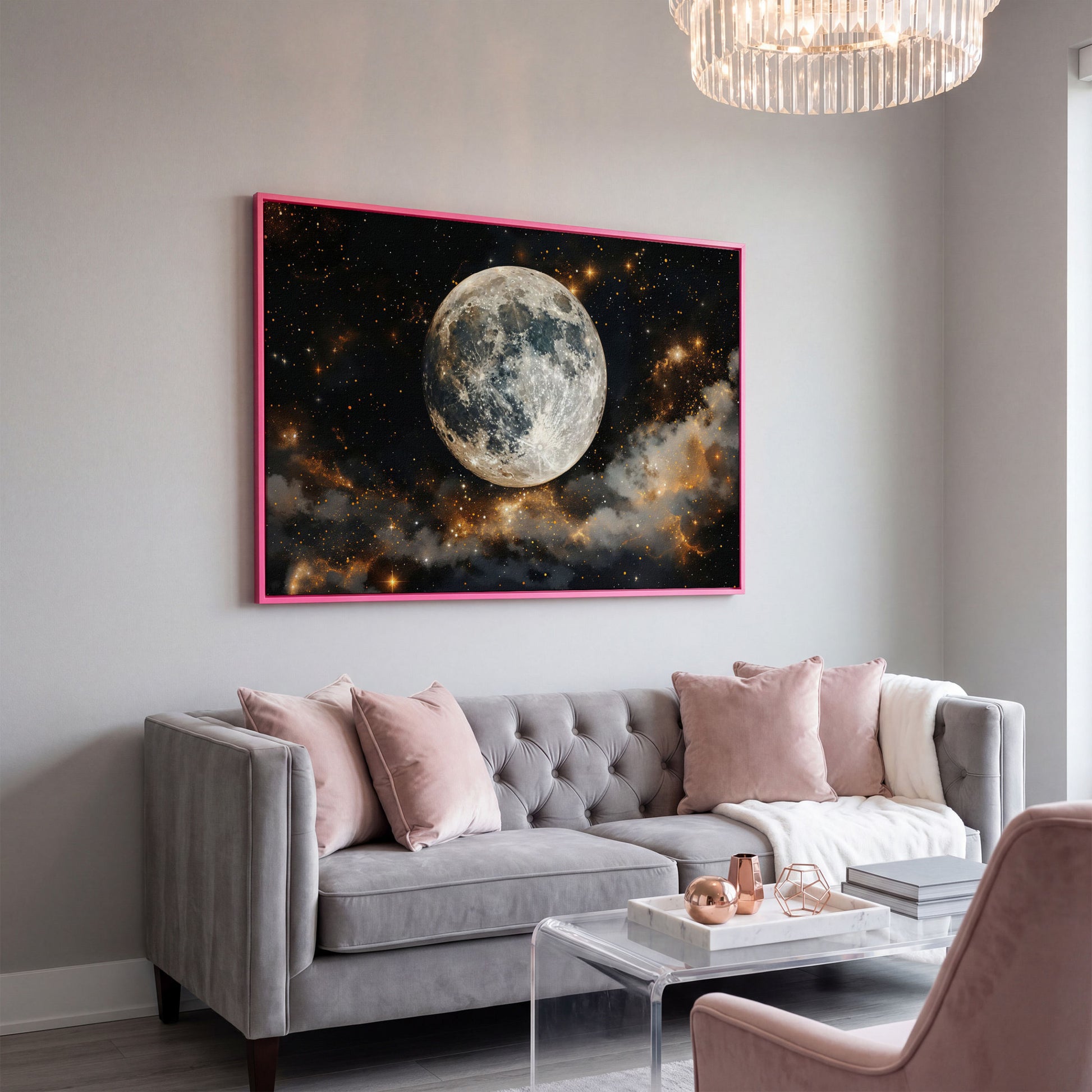 Moonlit Nights and Starry Skies Canvas Print in pink floating frame