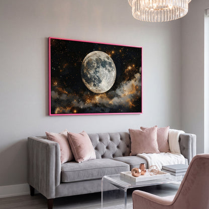 Moonlit Nights and Starry Skies Canvas Print in pink floating frame