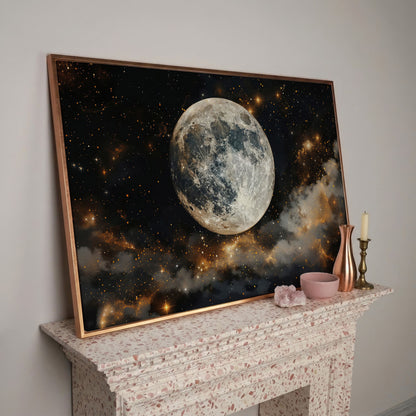 Moonlit Nights and Starry Skies Canvas Print in rose gold floating frame