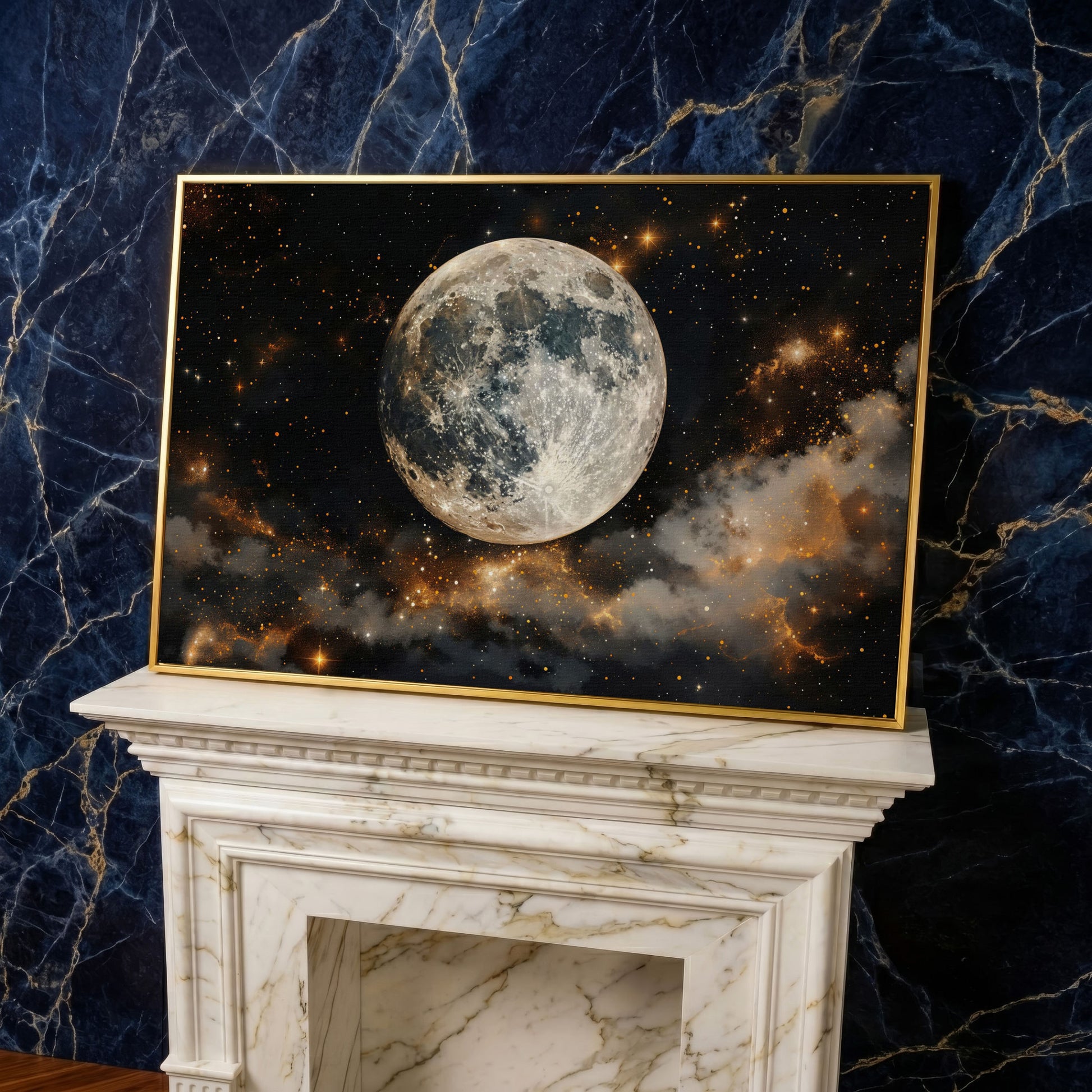 Moonlit Nights and Starry Skies Canvas Print in yellow gold floating frame