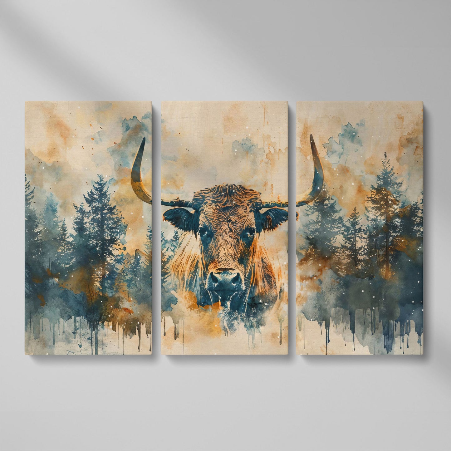 Highland Cow with Forest Backdrop Canvas Print as 3-panel split version