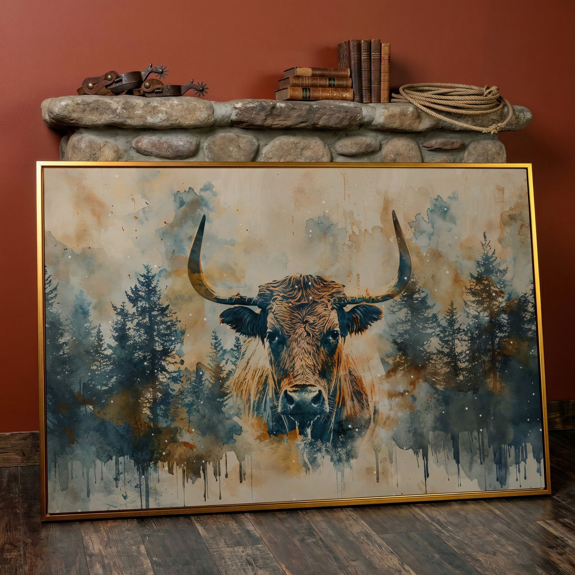 Highland Cow with Forest Backdrop Canvas Print in antique gold floating frame