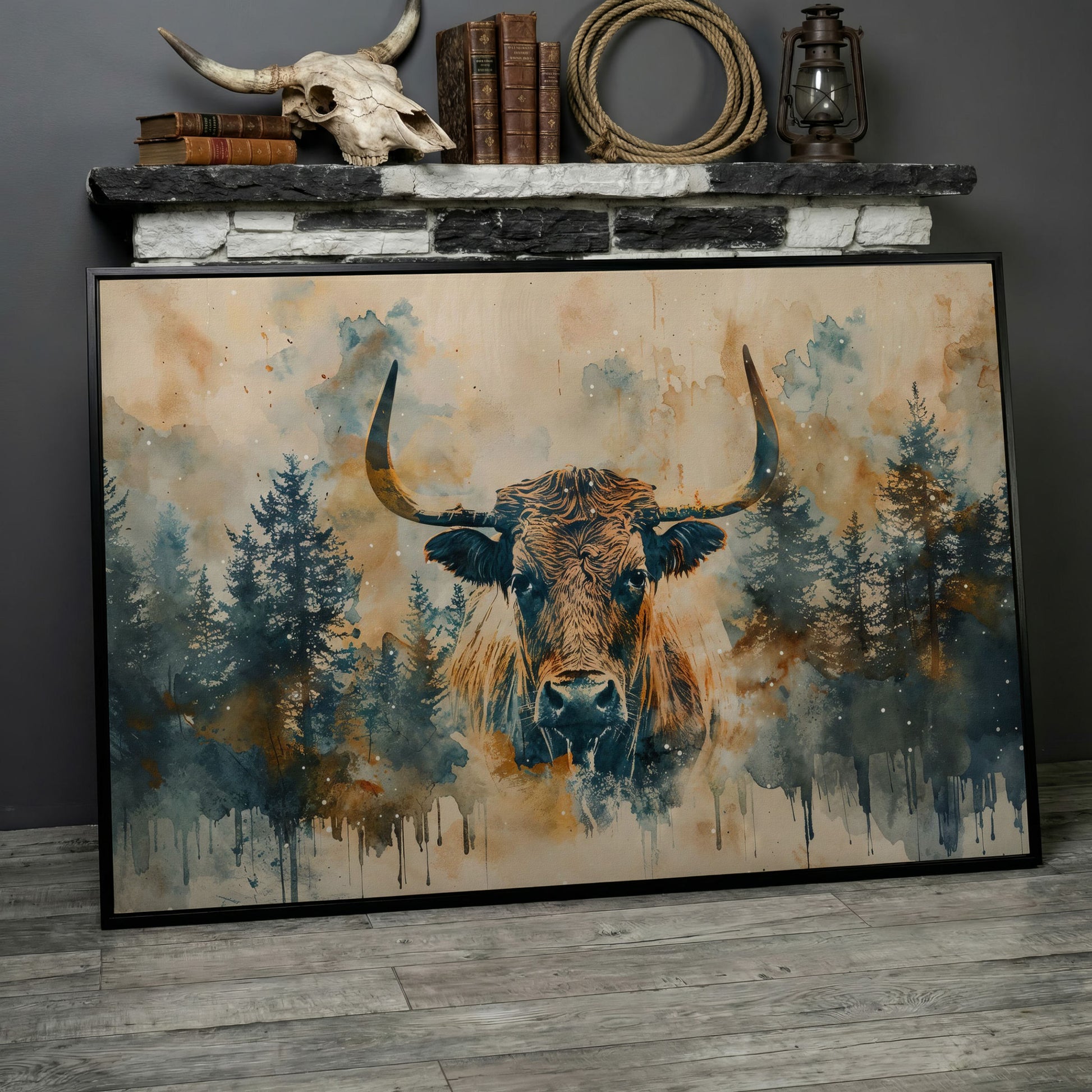 Highland Cow with Forest Backdrop Canvas Print in black floating frame
