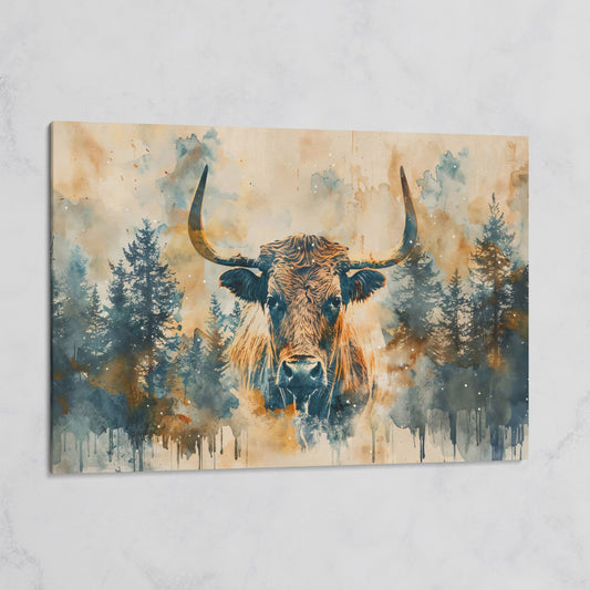 Highland Cow with Forest Backdrop Canvas Print on gallery wrap