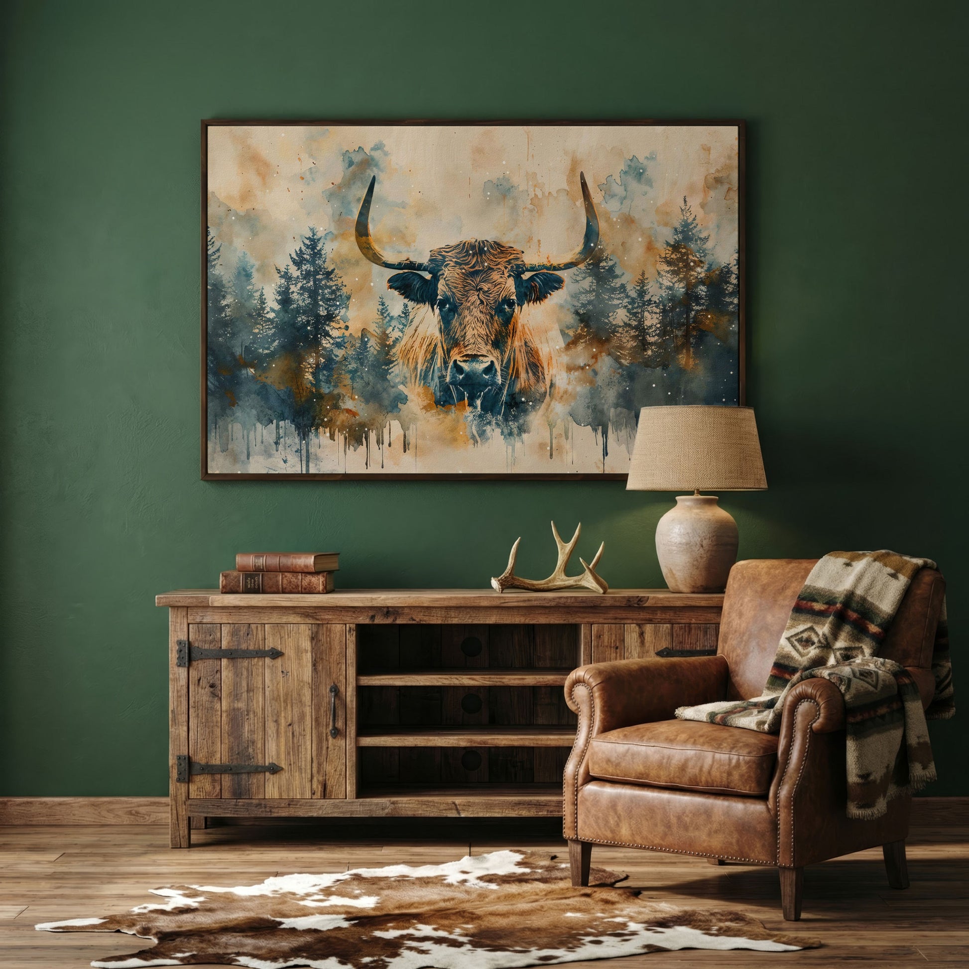 Highland Cow with Forest Backdrop Canvas Print in dark walnut floating frame