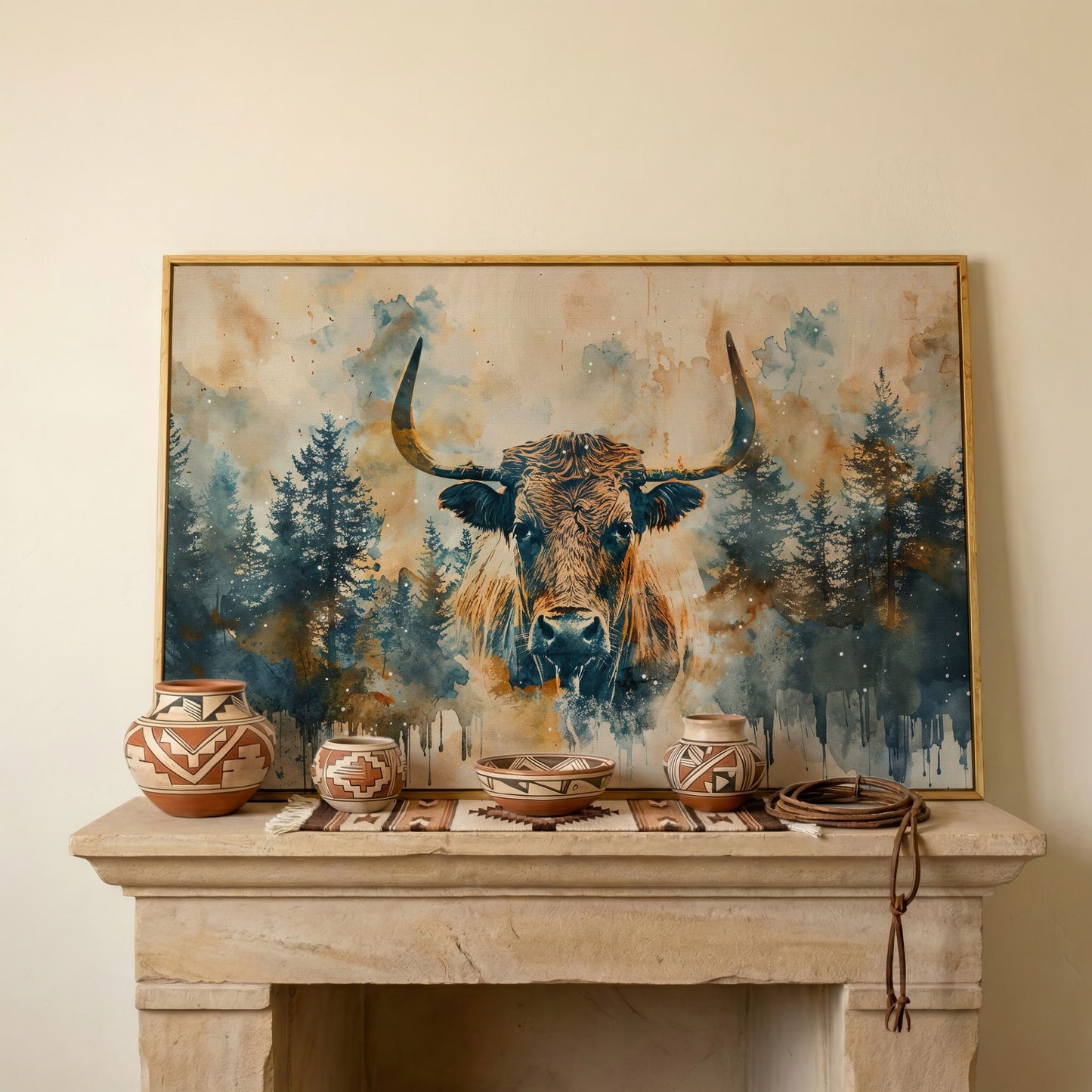 Highland Cow with Forest Backdrop Canvas Print in white oak floating frame