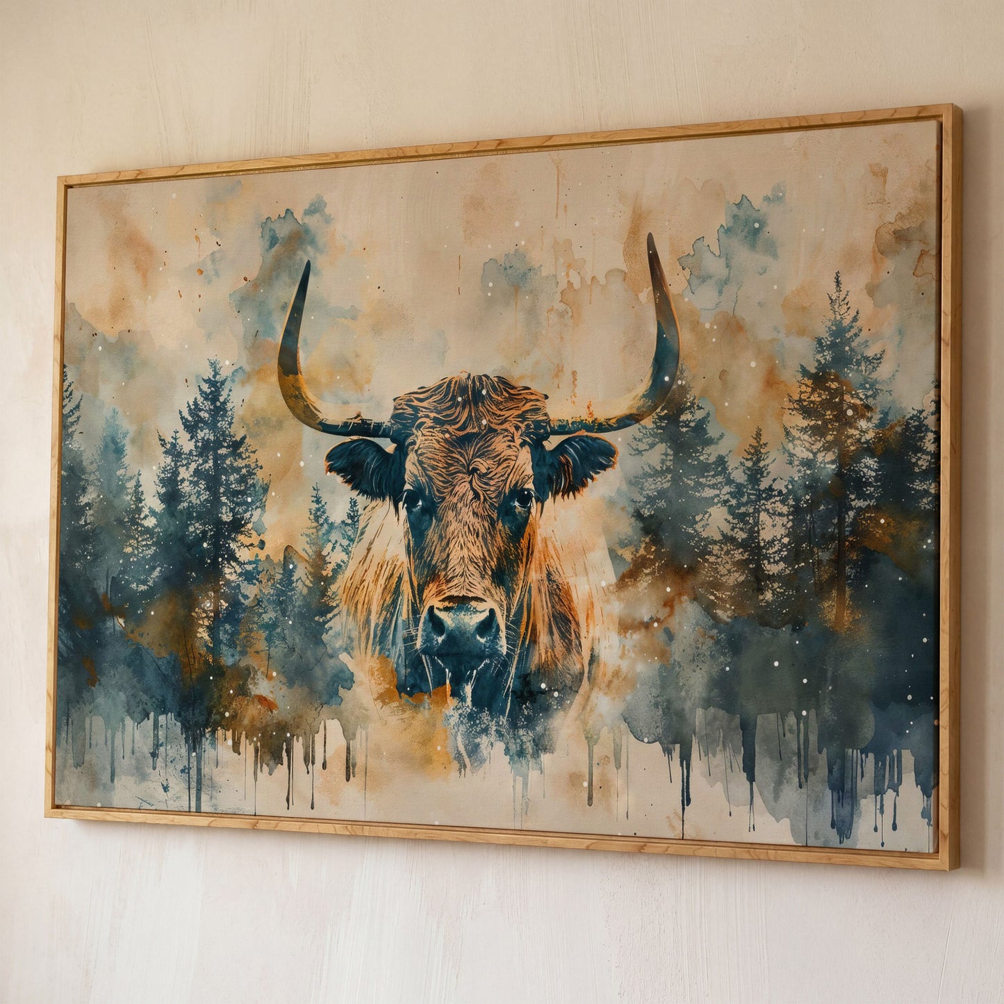 Highland Cow with Forest Backdrop Canvas Print shown in white oak floating frame