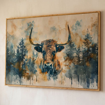 Highland Cow with Forest Backdrop Canvas Print shown in white oak floating frame