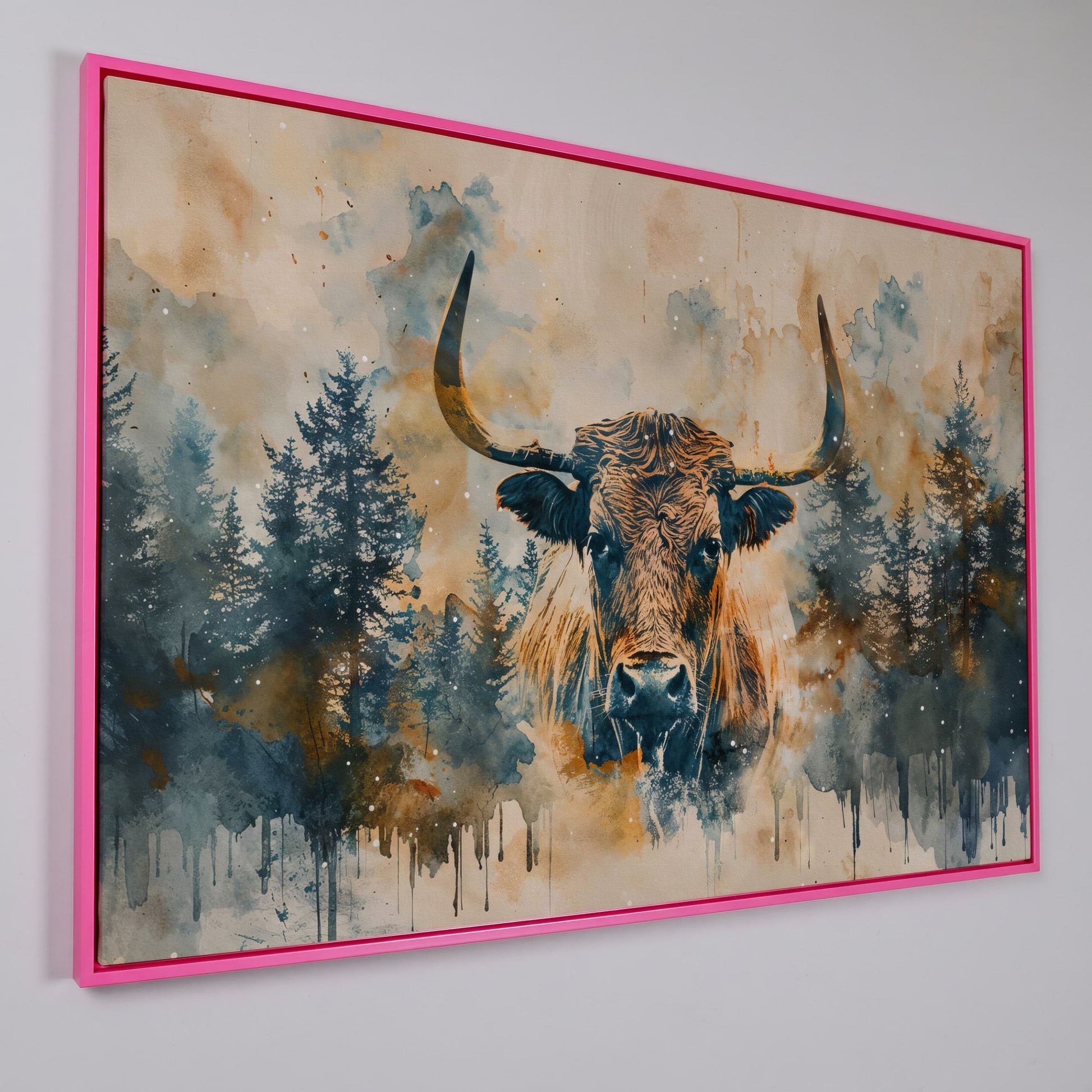Highland Cow with Forest Backdrop Canvas Print in pink floating frame