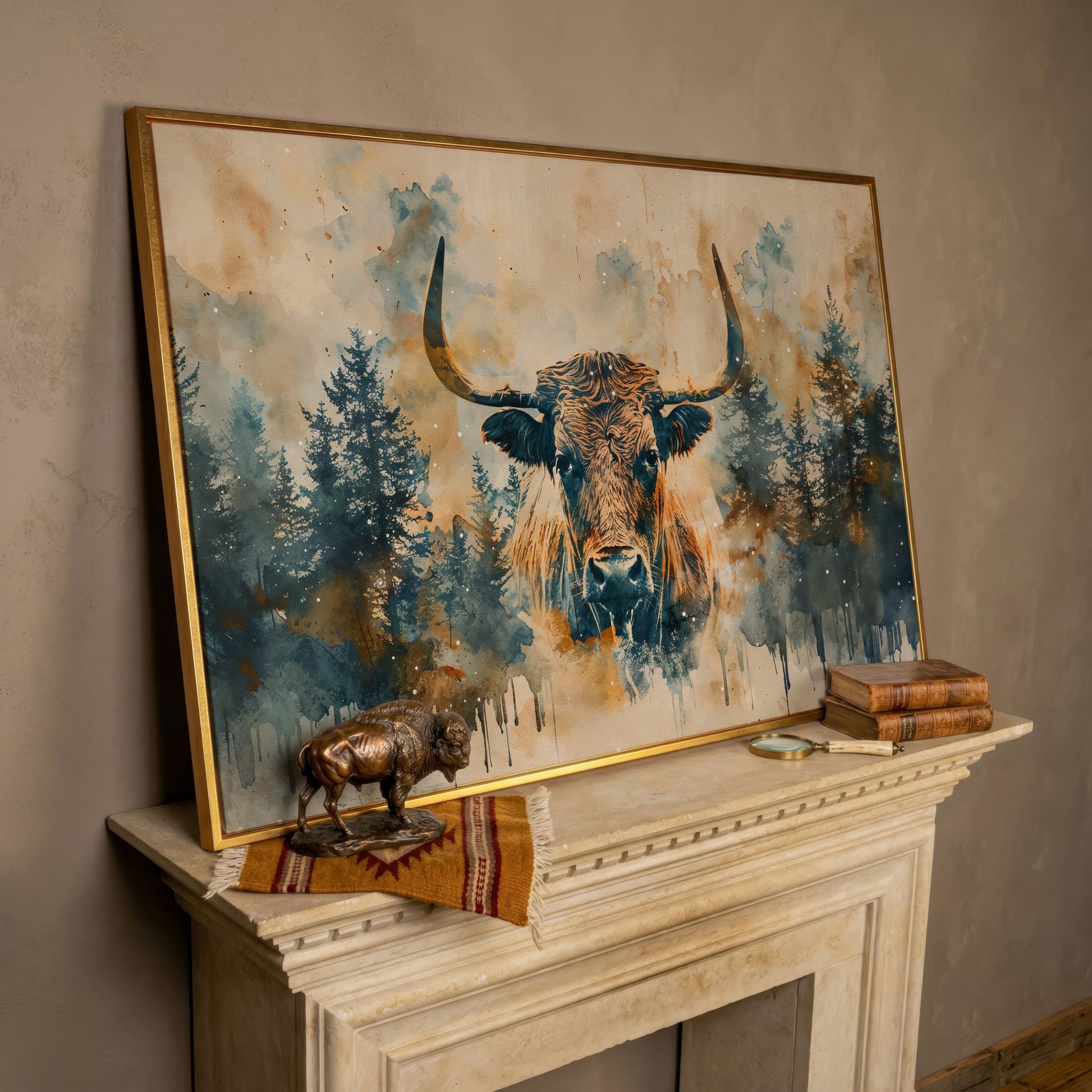 Highland Cow with Forest Backdrop Canvas Print in rose gold floating frame