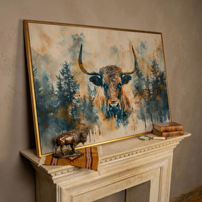 Highland Cow with Forest Backdrop Canvas Print in rose gold floating frame