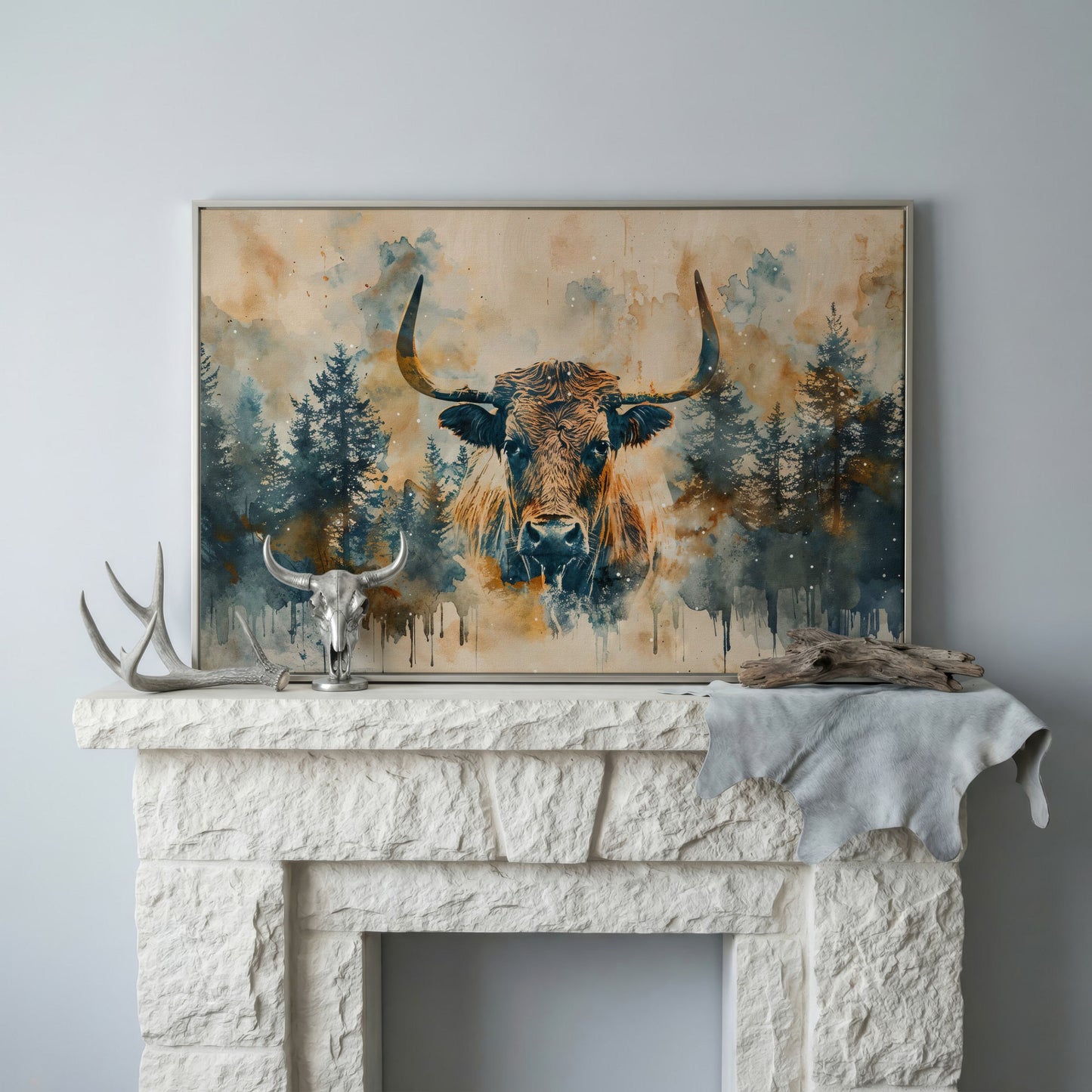 Highland Cow with Forest Backdrop Canvas Print in silver floating frame