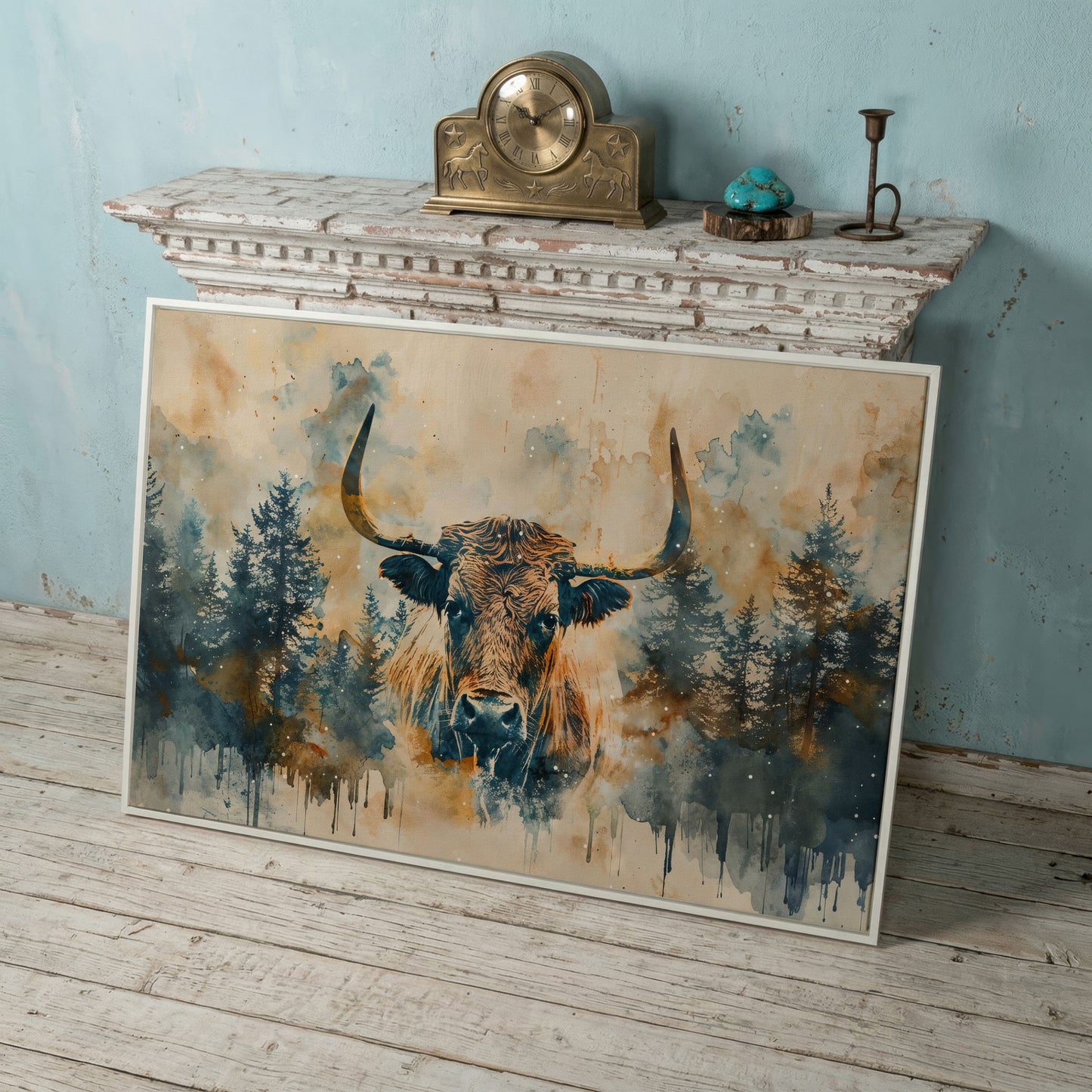 Highland Cow with Forest Backdrop Canvas Print in white floating frame