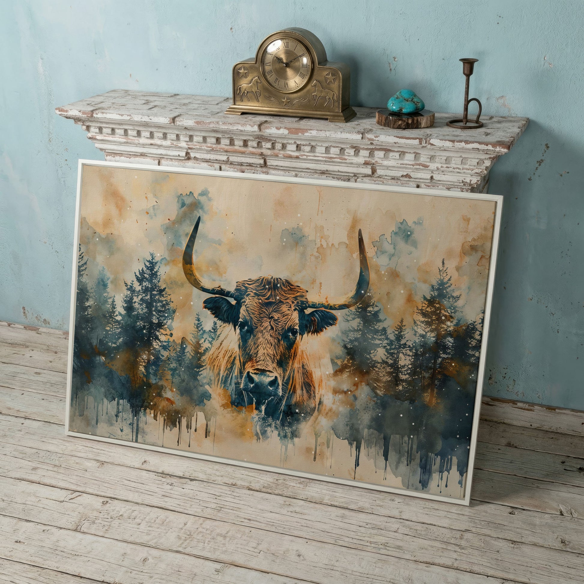 Highland Cow with Forest Backdrop Canvas Print in white floating frame