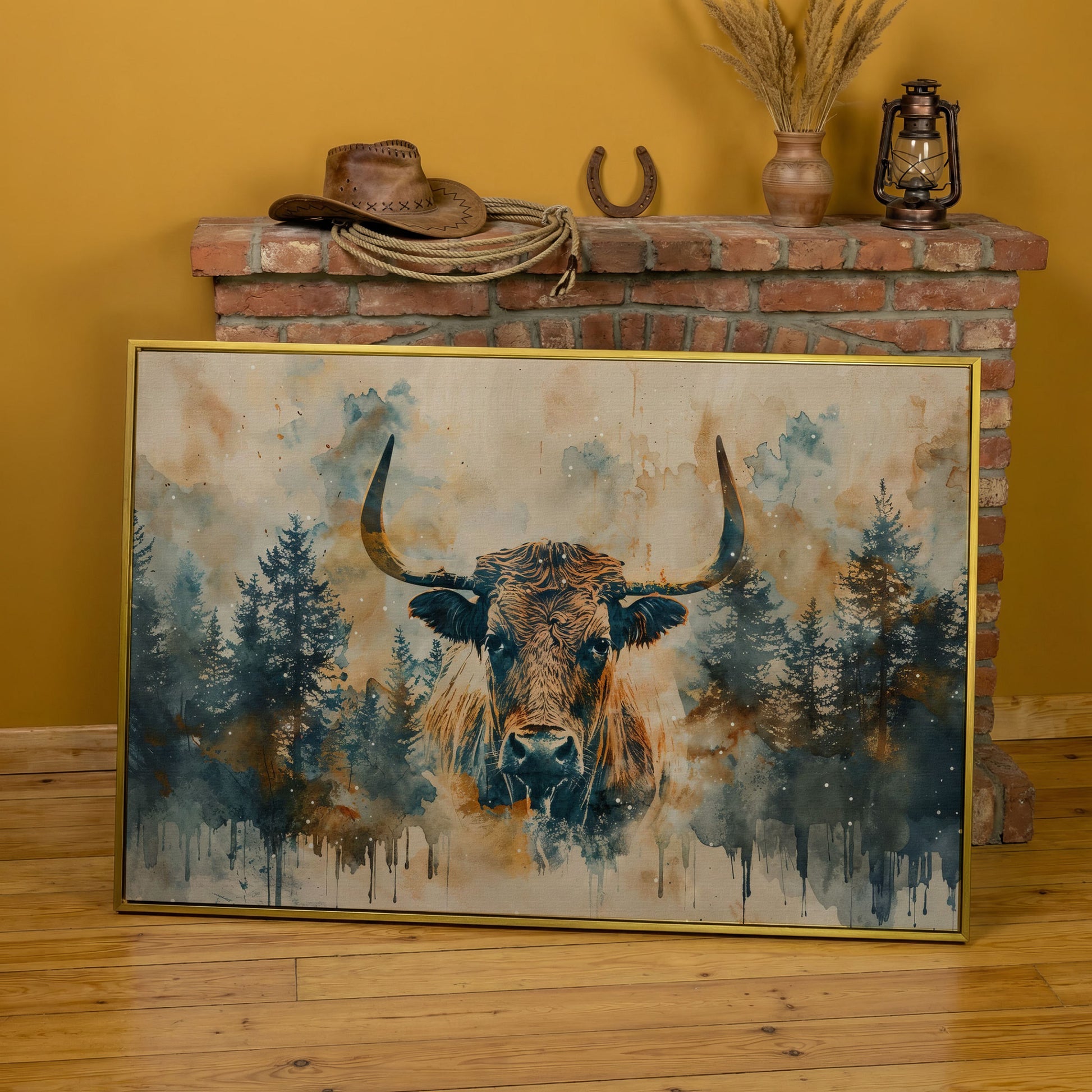 Highland Cow with Forest Backdrop Canvas Print in yellow gold floating frame