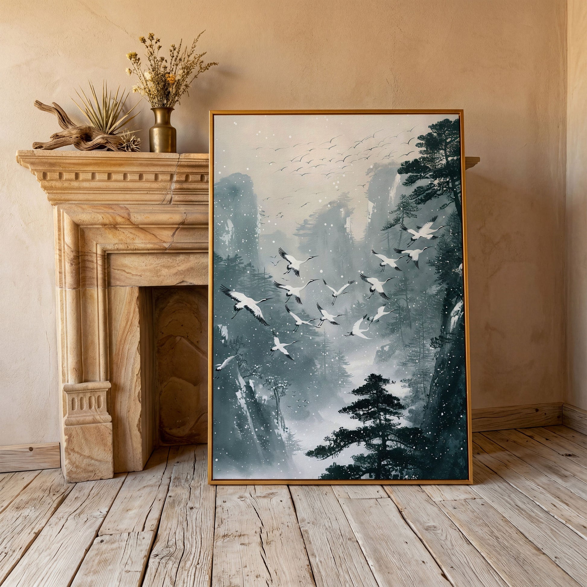 Japanese Cranes in Winter Forest Canvas in antique gold floating frame