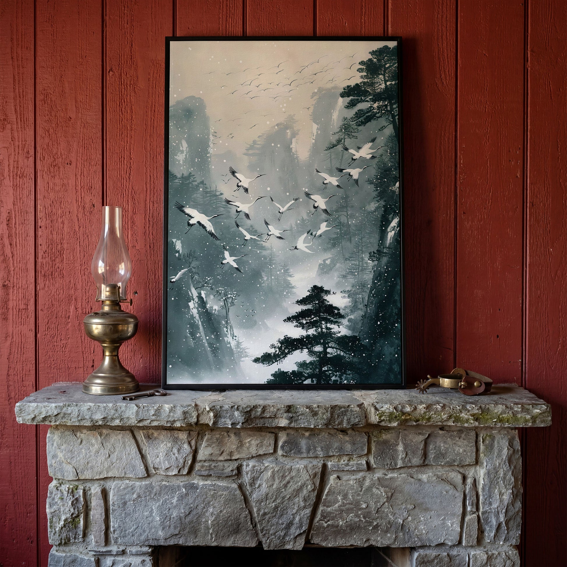 Japanese Cranes in Winter Forest Canvas in black floating frame