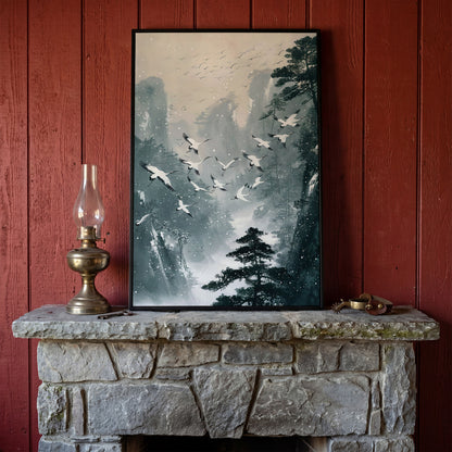 Japanese Cranes in Winter Forest Canvas in black floating frame