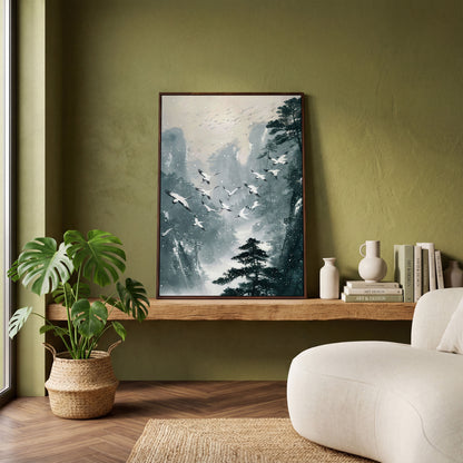 Japanese Cranes in Winter Forest Canvas in dark walnut floating frame