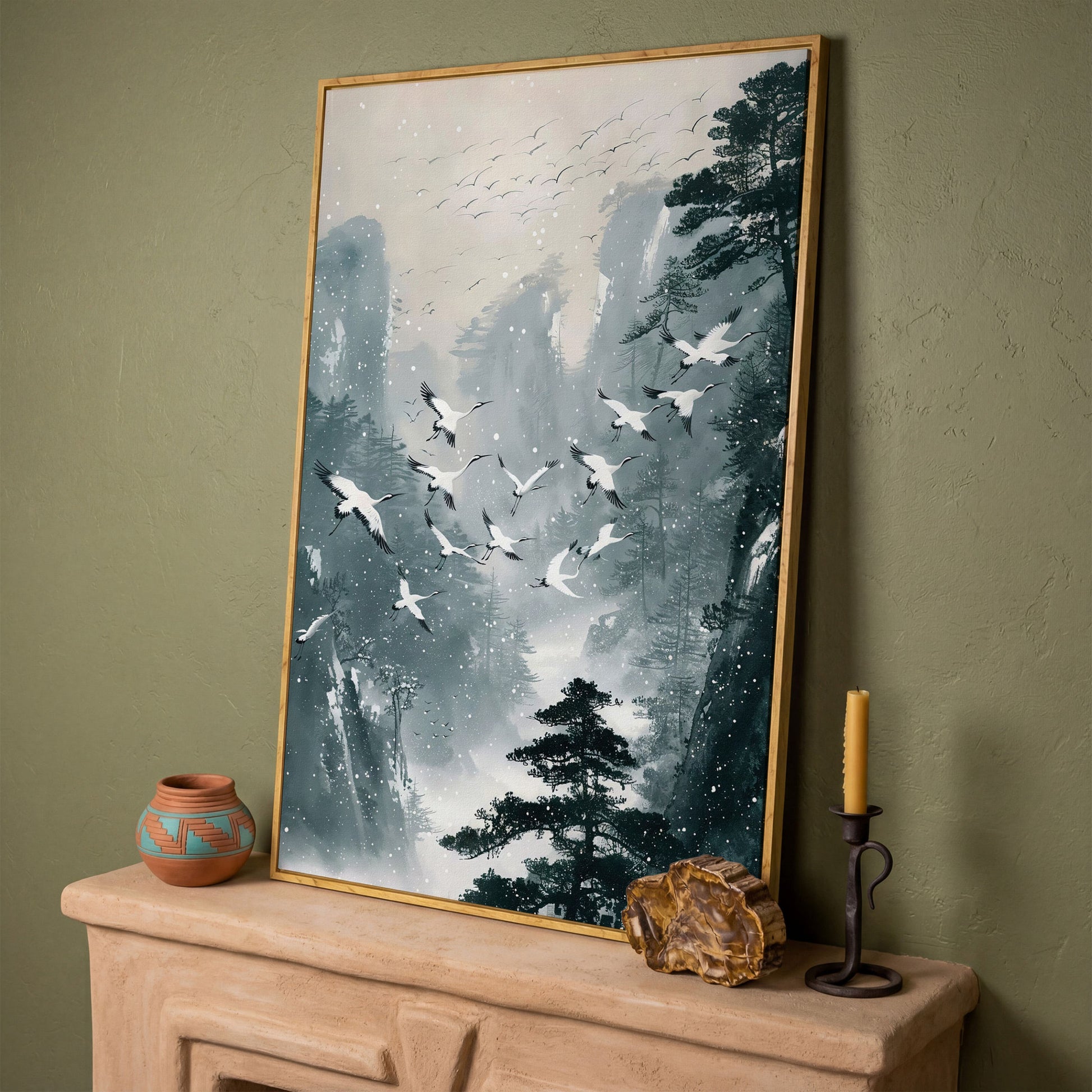 Japanese Cranes in Winter Forest Canvas in white oak floating frame