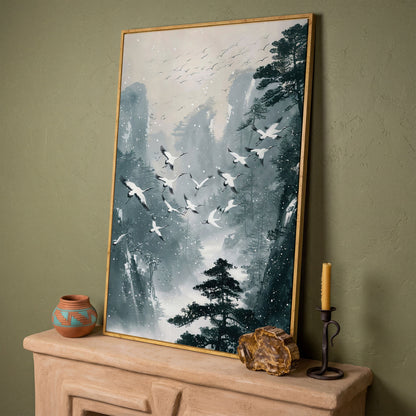Japanese Cranes in Winter Forest Canvas in white oak floating frame