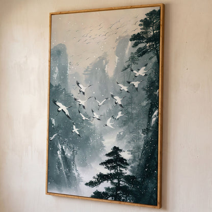 Japanese Cranes in Winter Forest Canvas shown in white oak floating frame