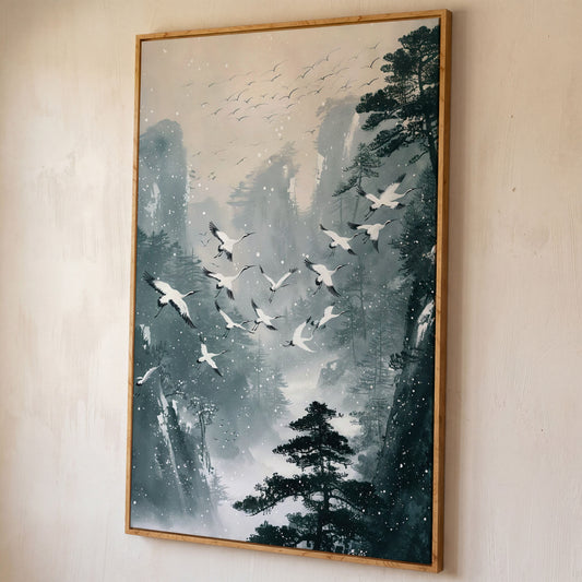 Japanese Cranes in Winter Forest Canvas shown in white oak floating frame