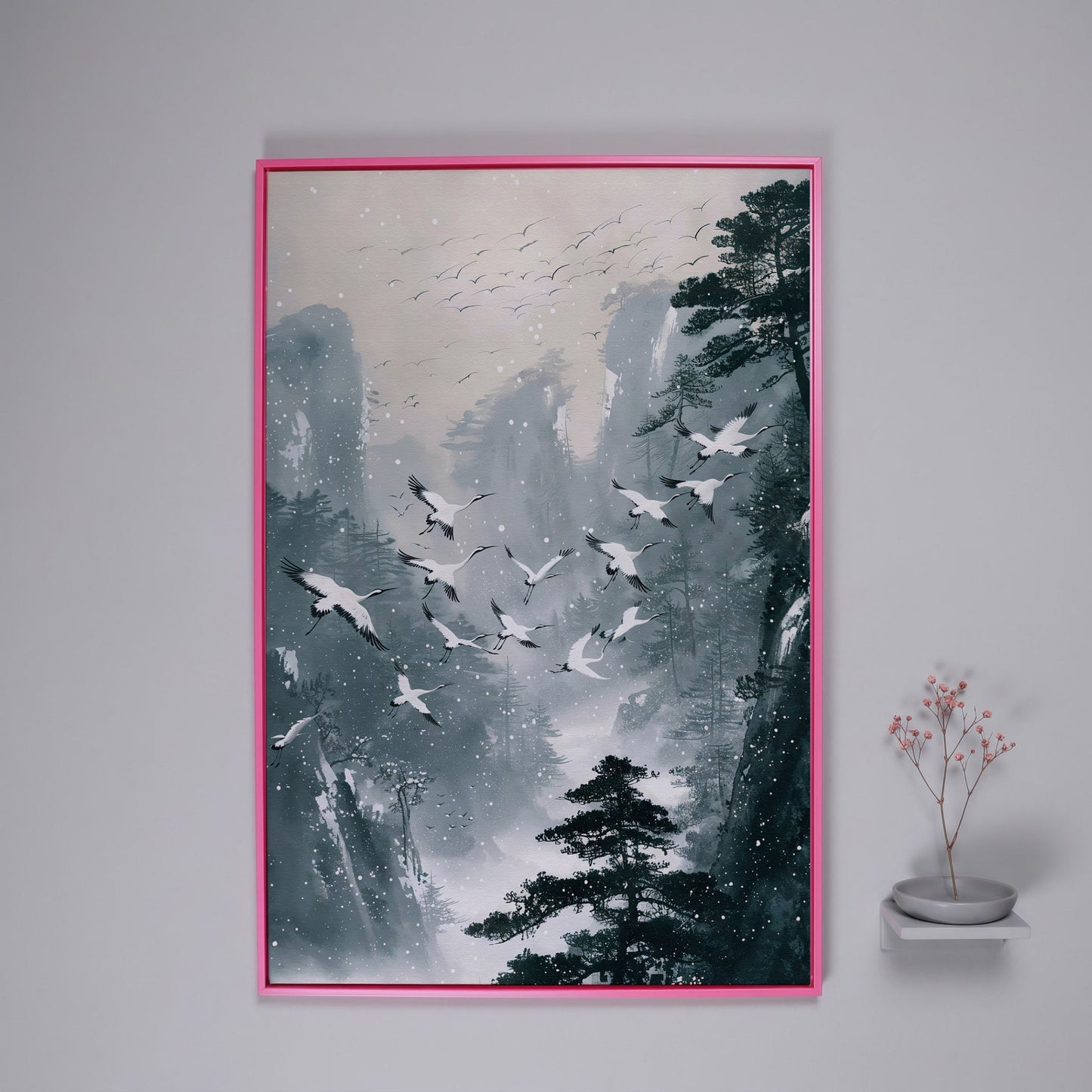 Japanese Cranes in Winter Forest Canvas in pink floating frame