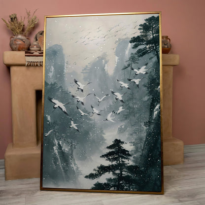 Japanese Cranes in Winter Forest Canvas in rose gold floating frame