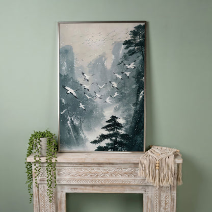 Japanese Cranes in Winter Forest Canvas in silver floating frame