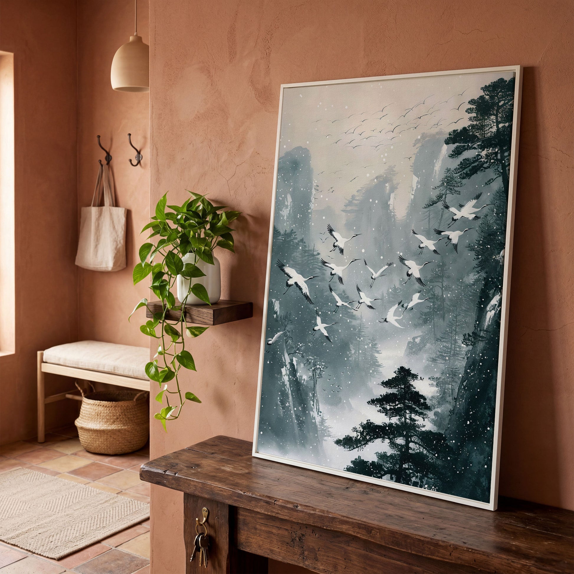 Japanese Cranes in Winter Forest Canvas in white floating frame