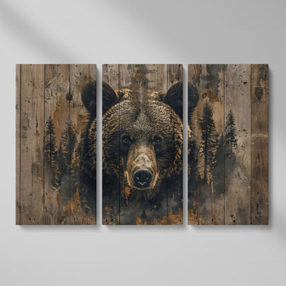 Brown Bear with Pine Trees Canvas Print as 3-panel split version