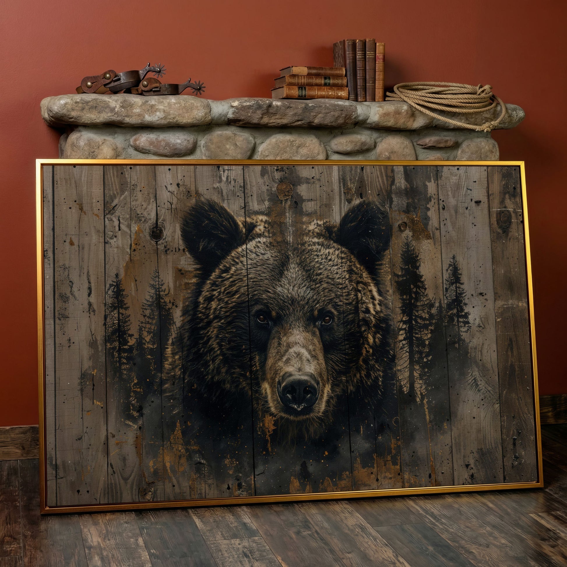 Brown Bear with Pine Trees Canvas Print in antique gold floating frame